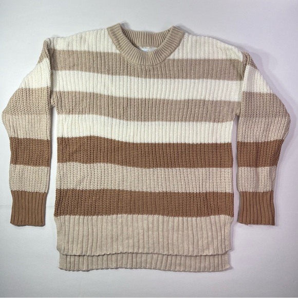 Time and Tru Crew Neck Striped Midweight Sweater - tan/cream, L - Picture 2 of 10